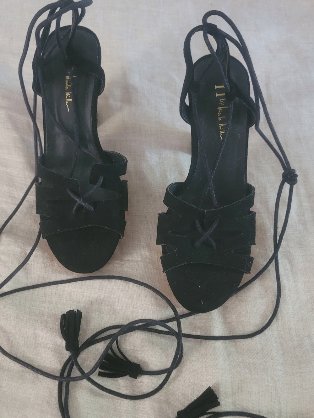 Black Lace-Up Suede Heels with Tassel Ties